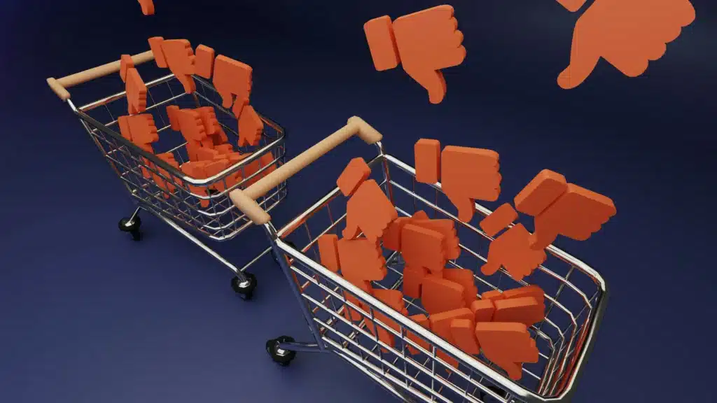 3D animation of two shopping carts with piles of orange thumbs down