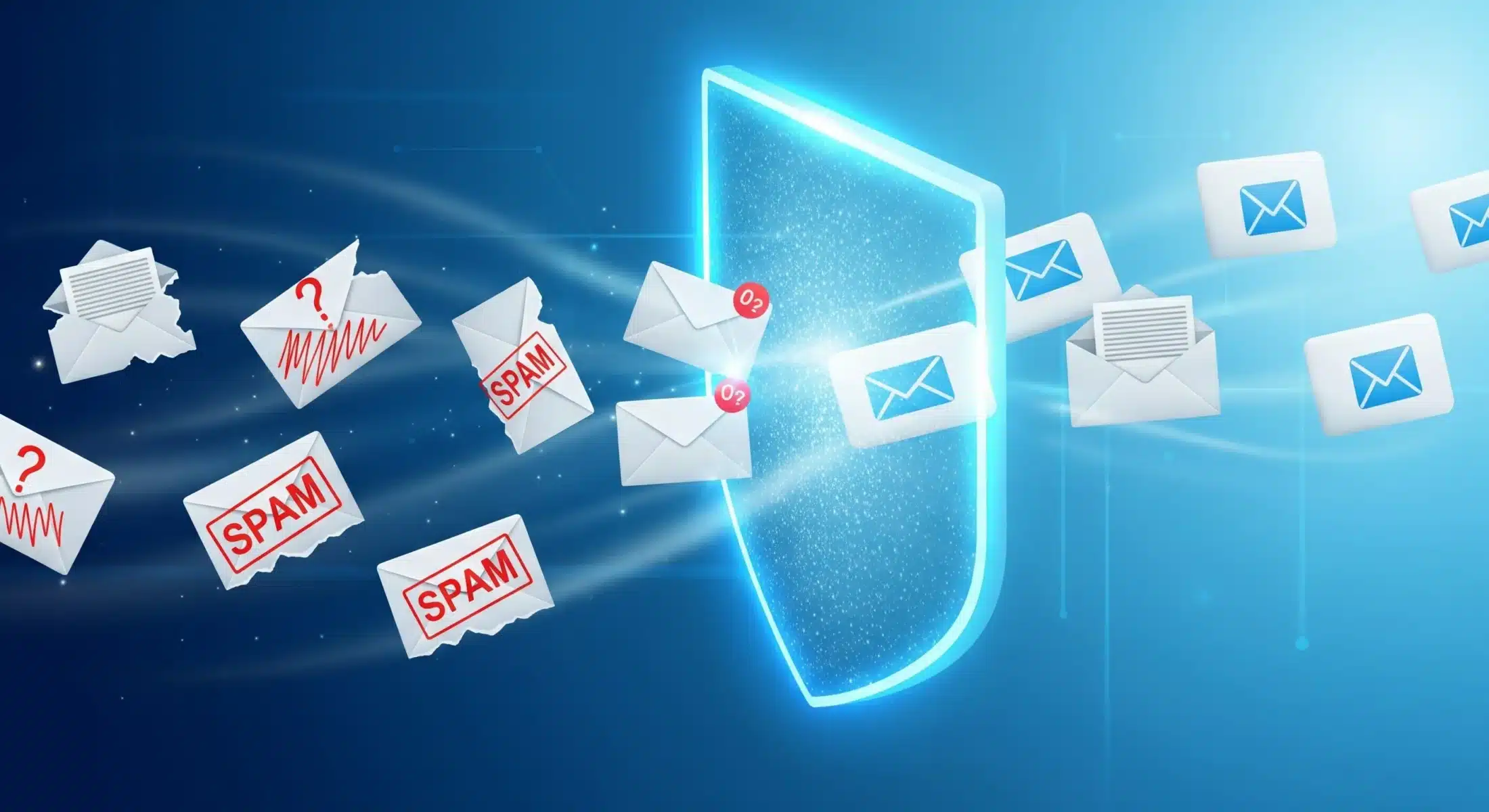 A graphic illustration of a digital spam filter blocking unwanted spam emails while allowing safe messages to pass through.