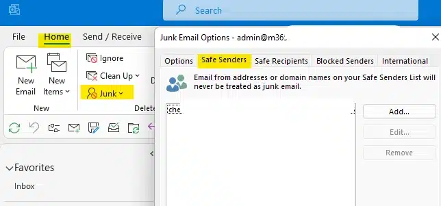 A screenshot of Outlook’s Junk Email Options dialog box displaying different levels of junk email protection settings.