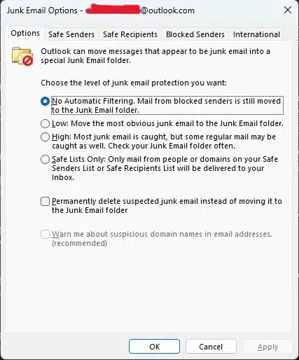 A screenshot of Outlook’s Junk Email Options window open on the Safe Senders tab, showing where to add trusted email addresses.