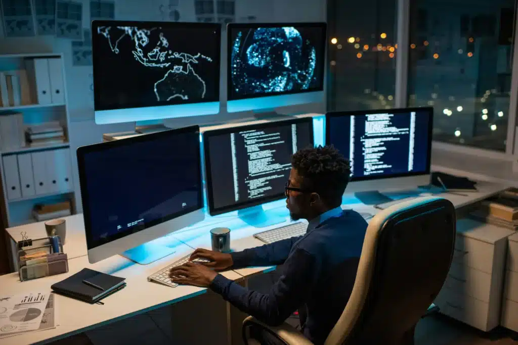 managed IT services Brampton - a man working on multiple computer screens