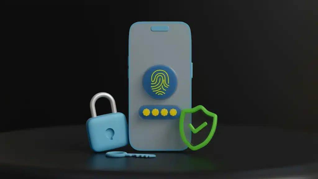 Illustration it security services with an iphone with fingerprint and passcode next to green checkmark in a shield and a blue lock and key