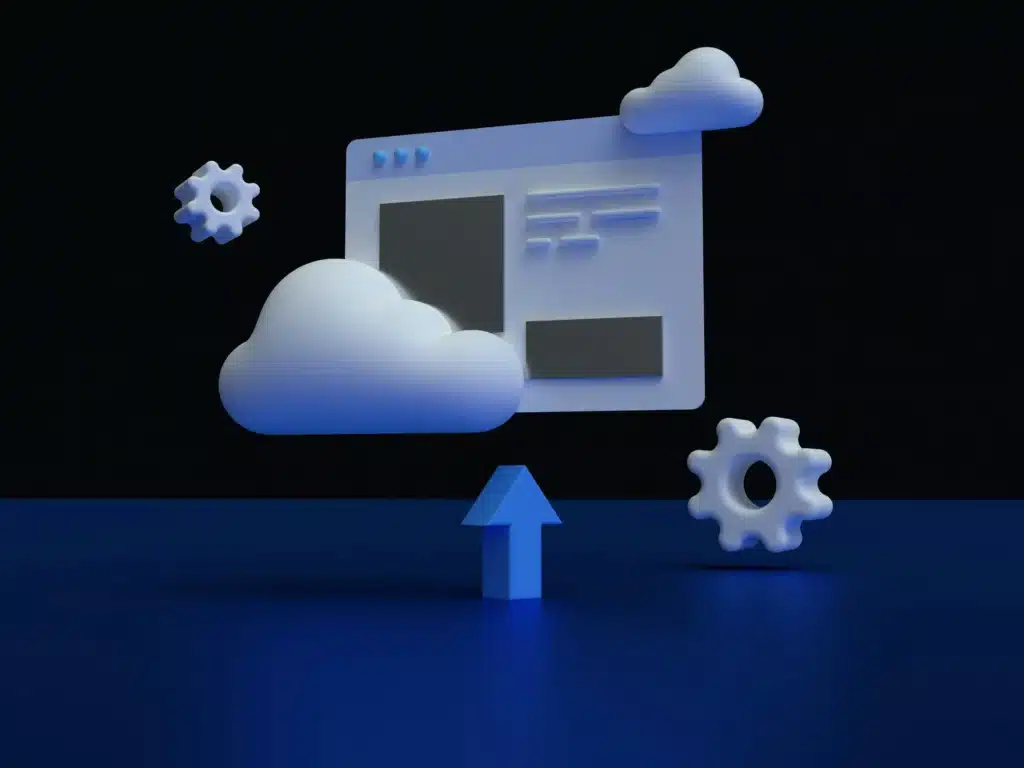 Illustration of clouds gears and arrow surrounding web page