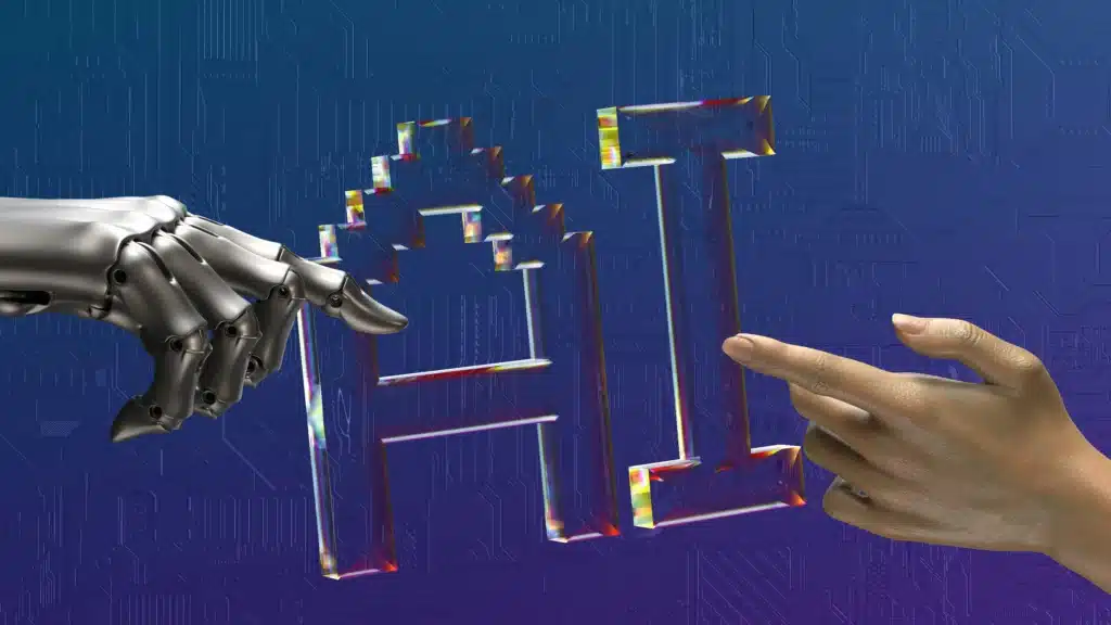 Illustration of grey robot hand reaching towards human hand with ai pixelated letters floating in background in front of purple motherboard