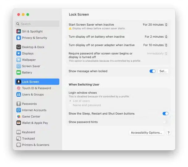 system preferences lock screen