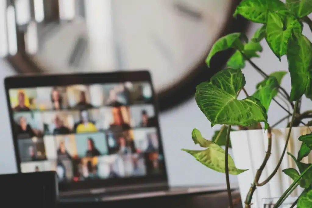 What is a VoIP? -Caller video call on Macbook in background with houseplant in forefront